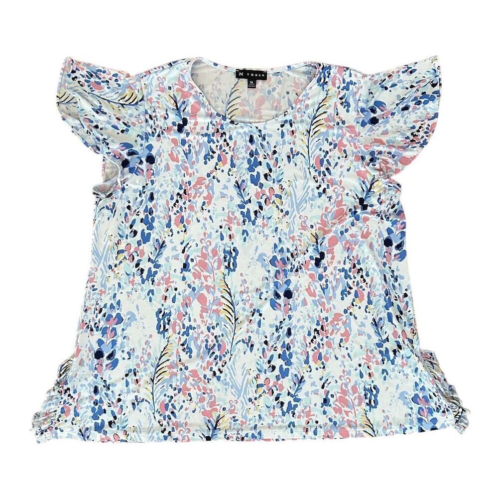 N Touch Women's 1X Floral Ruffle Sleeve Blouse Multicolor Casual Top